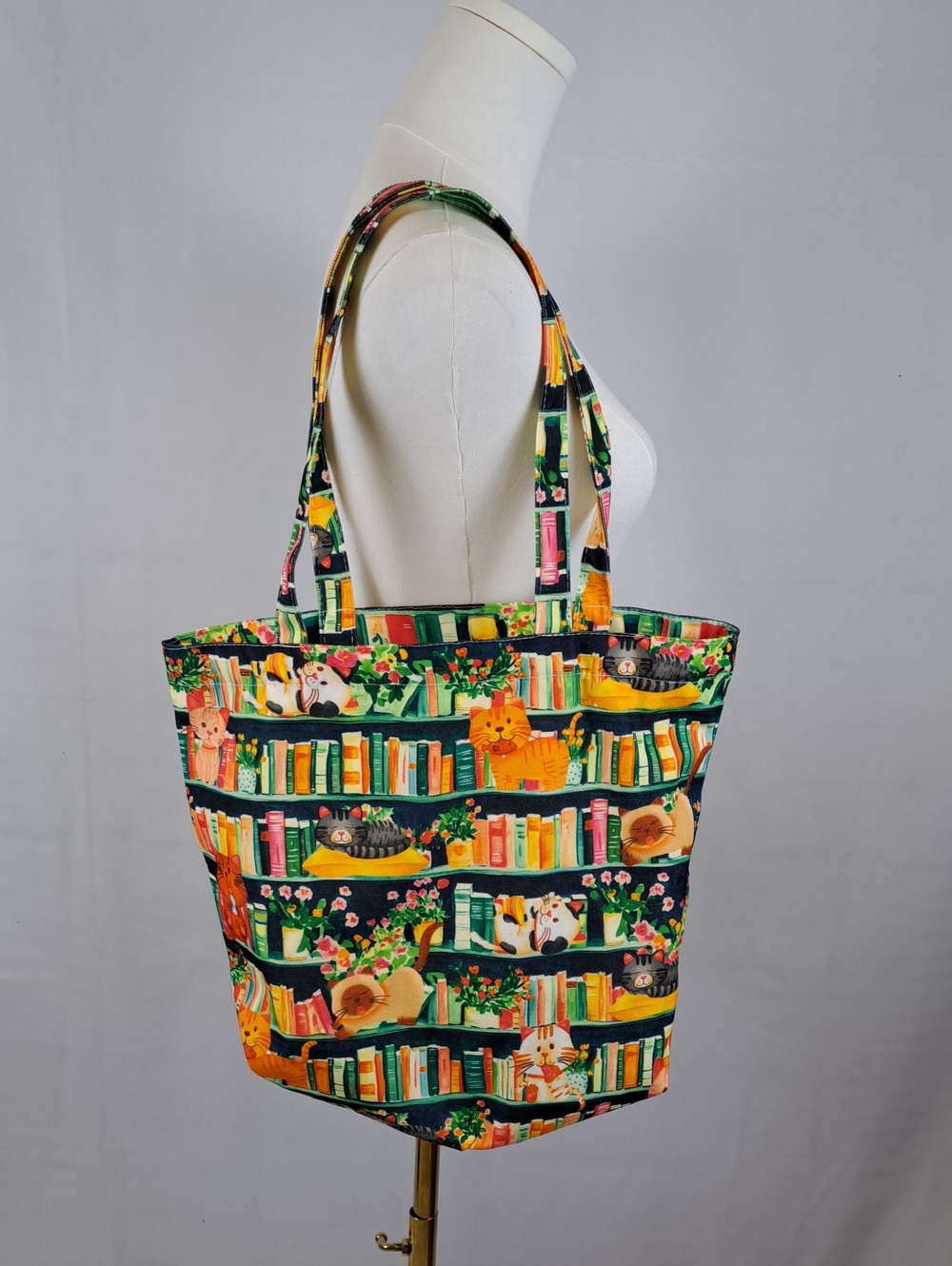 Cat & Books Tote Bag Bright Fun Whimsy Wearable Art
